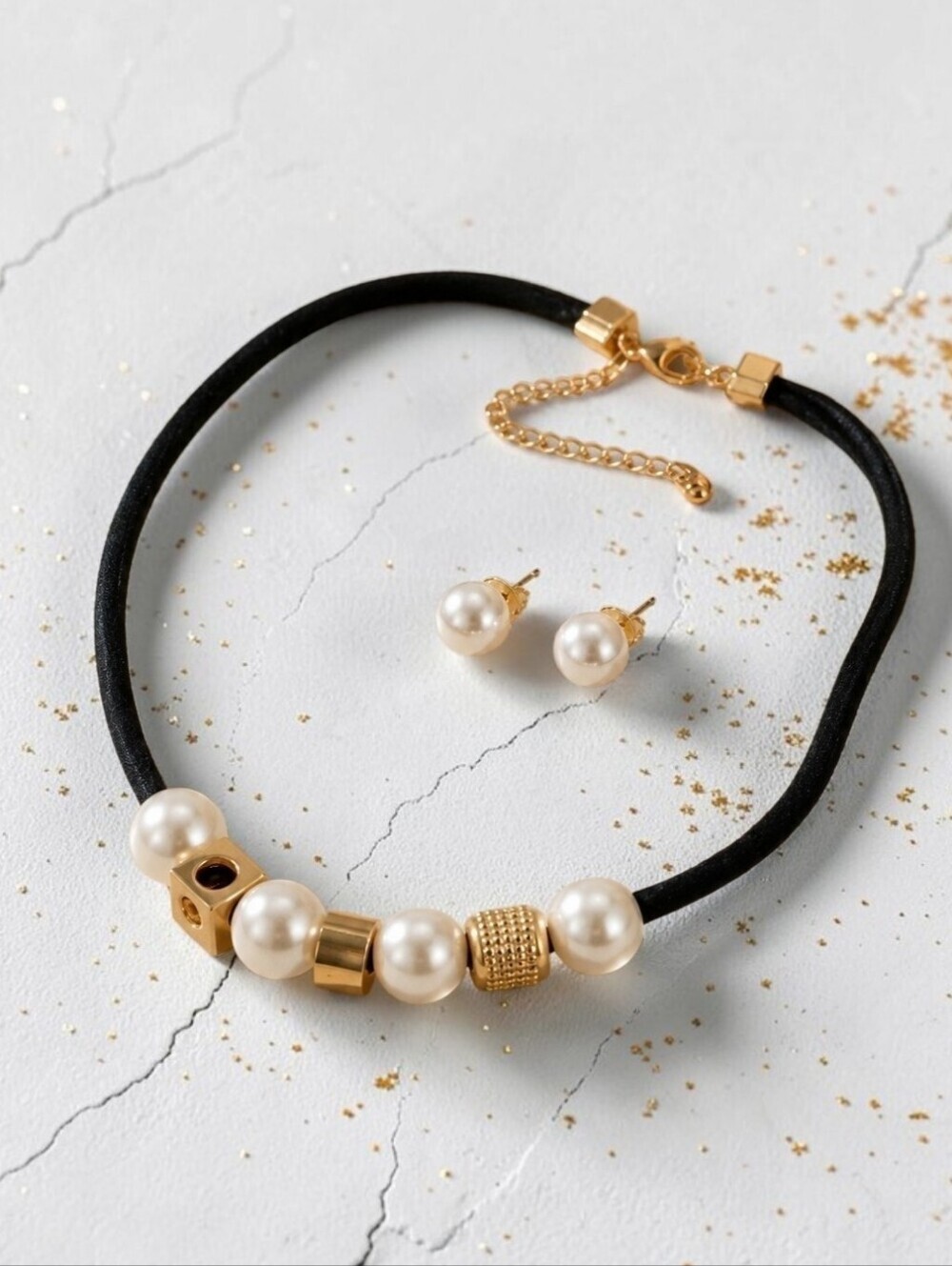 Faux Pearl Choker Necklace and Stud Earrings Set Black Suede Gold Old Money 16"